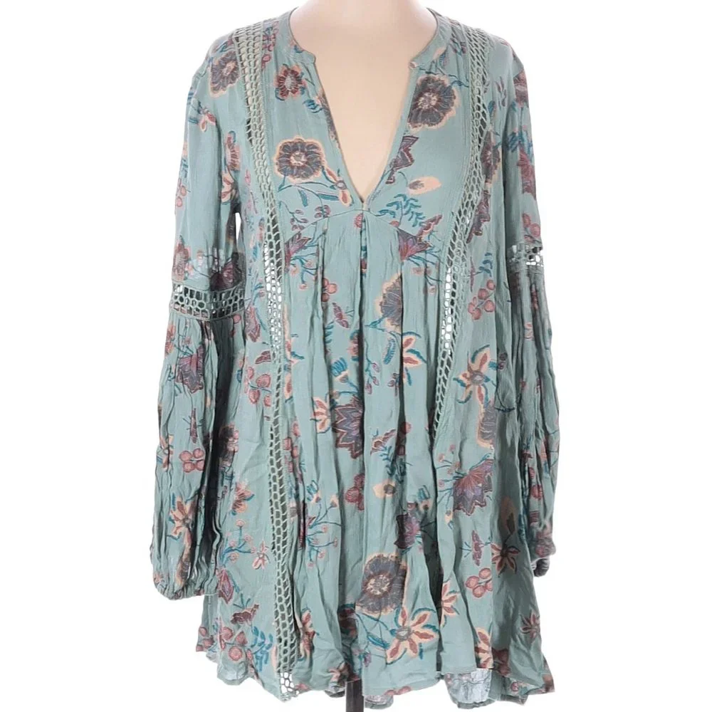 Free People Just The Two Of Us Printed Floral Lace Inset Tunic Dress, S